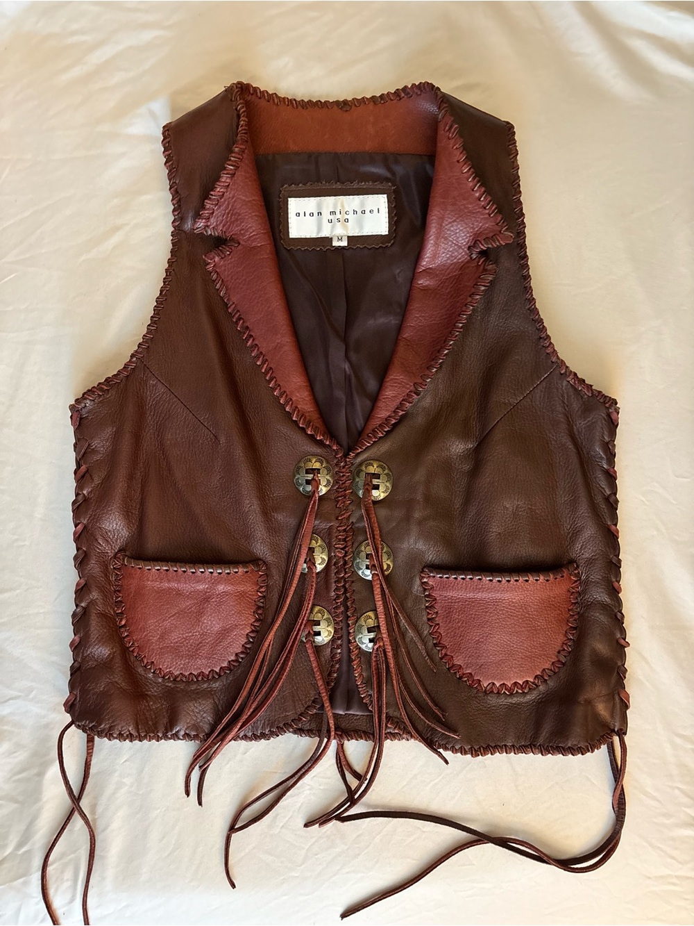 Alan Michael Color Block Leather Fringe Vest in Two-Tone Brown and Rust